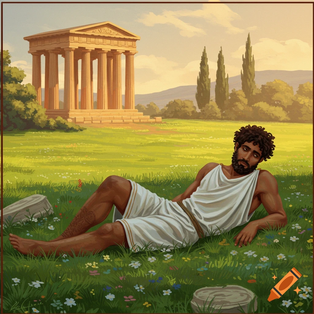 A Greek man is lying in a grassy field next to a temple.