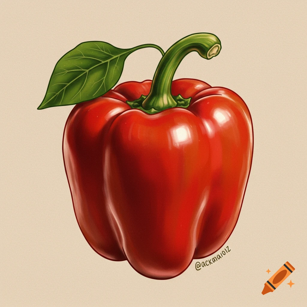 A red bell pepper with a stem and leaf