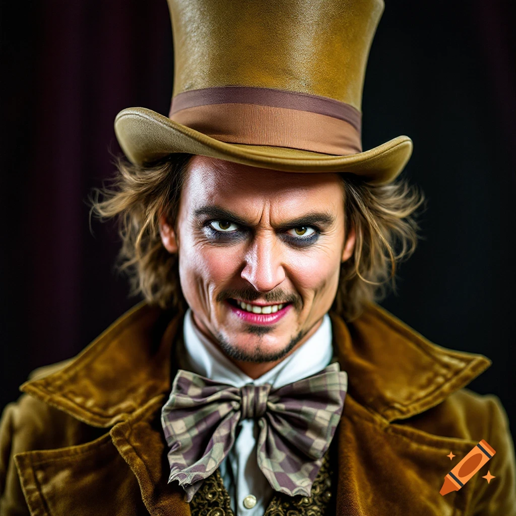 Close-up portrait of a man resembling Johnny Depp as Willy Wonka, wearing a top hat and brown coat with an angry expression.