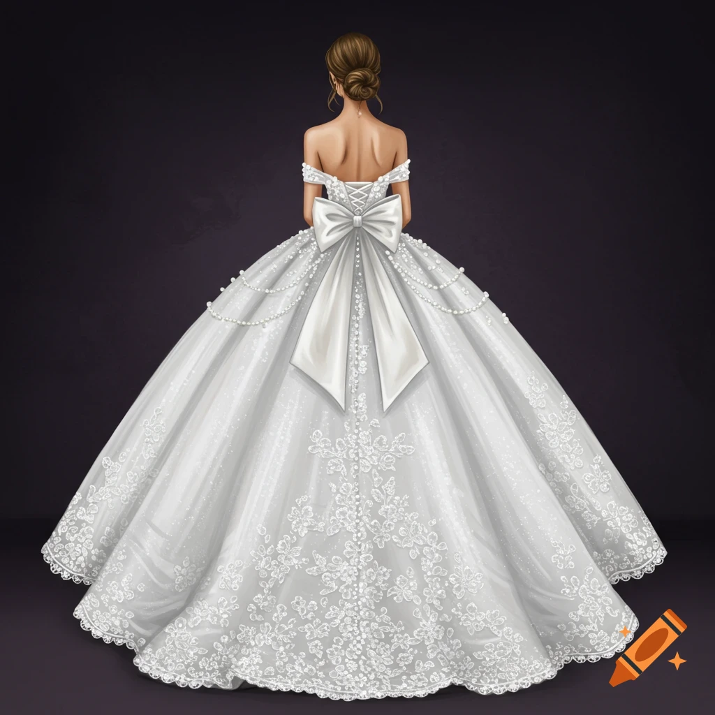 The back of a woman wearing a white ballgown wedding dress with a large bow, lace, and pearls.