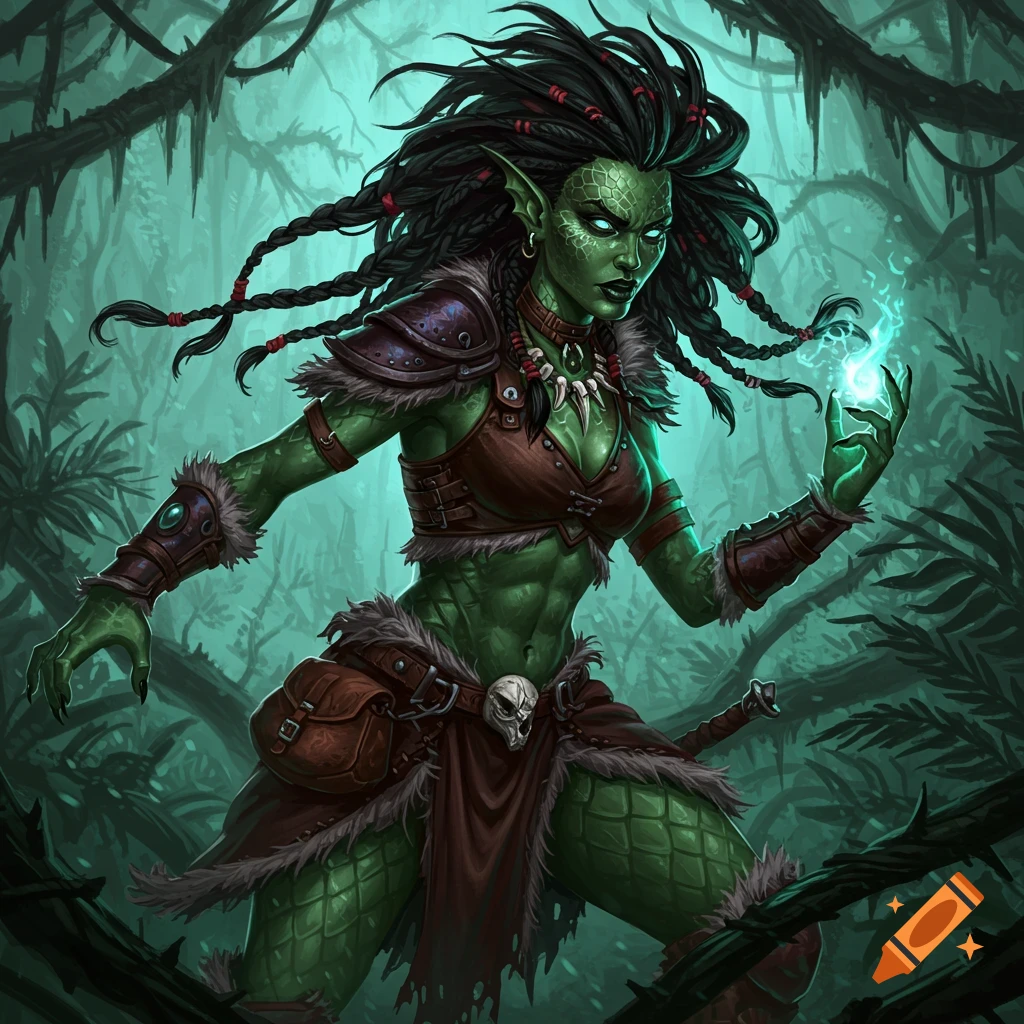 A green-skinned fantasy barbarian woman is casting a spell in a forest.