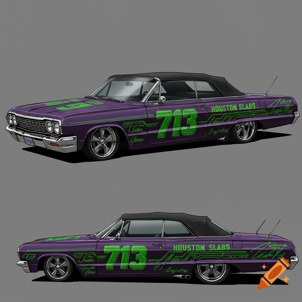 Purple 1963 Impala convertible with green text and graphics, shown in two views.