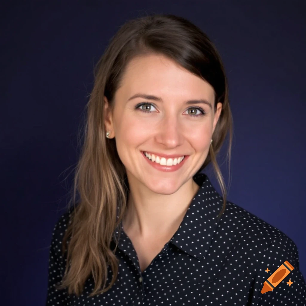 A headshot of a smiling woman in a dark blue polka dot shirt against a dark blue background.