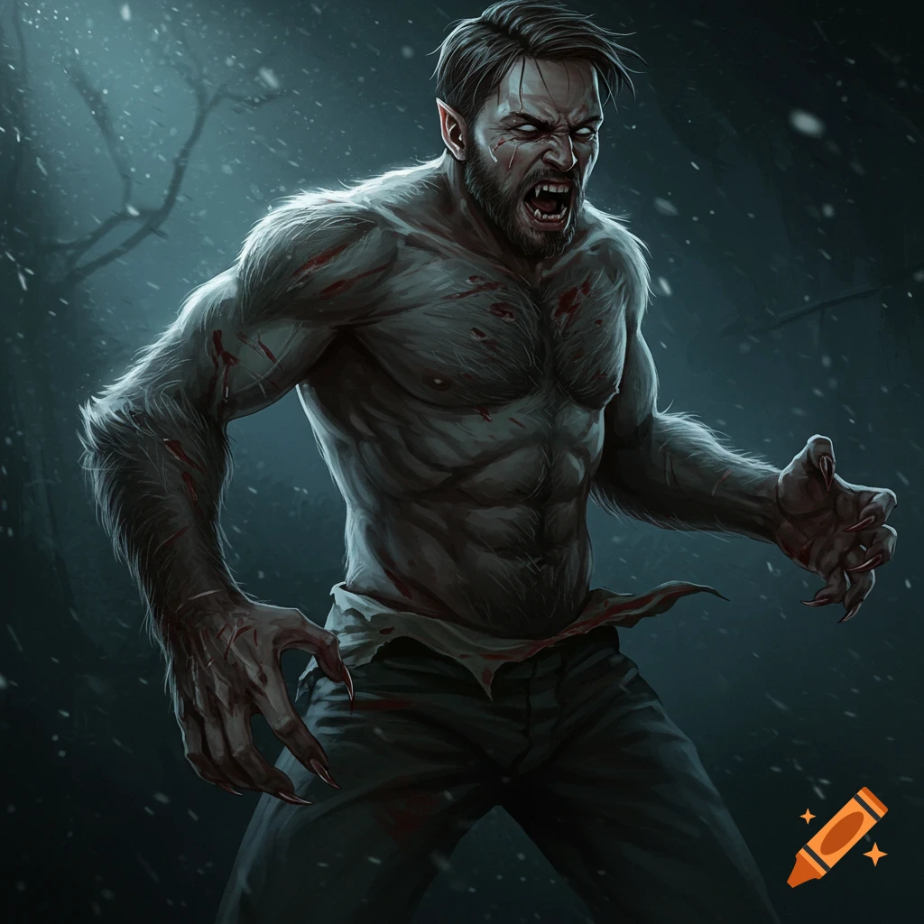 A roaring werewolf with claws in a snowy forest.