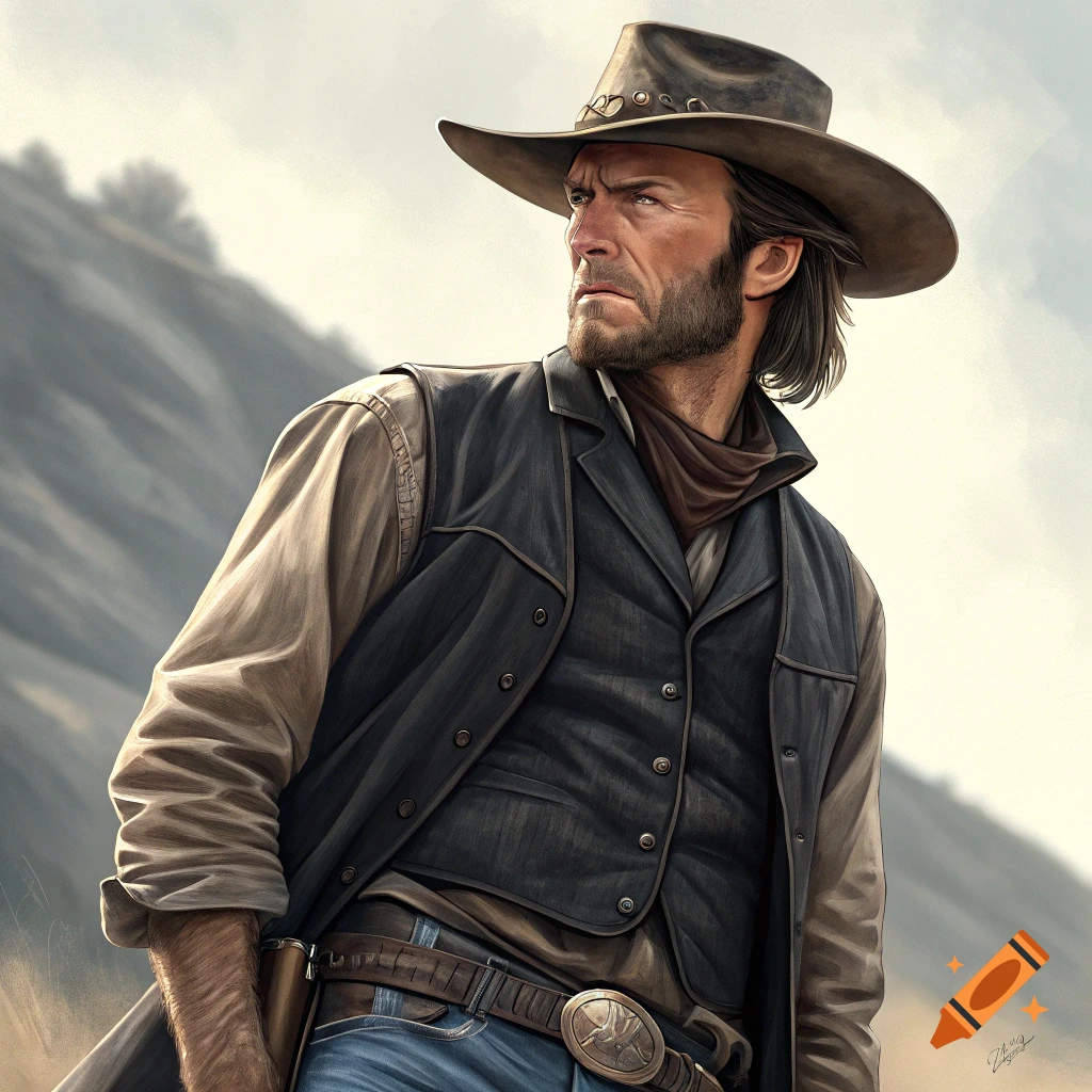 Illustration of a rugged cowboy in a hat and vest looking left in a western landscape.