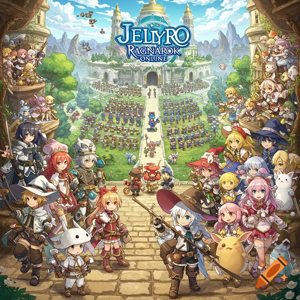 Anime style illustration of fantasy game characters gathered before a large building, with JellyRO Ragnarok Online logo.