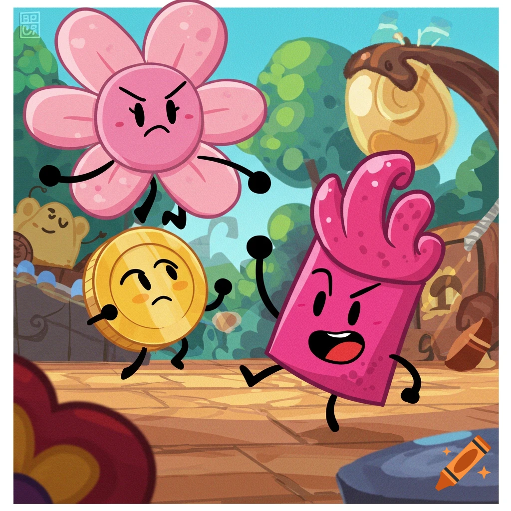 Three cartoon object characters, a pink flower, a coin, and a pink rectangle, in a forest setting.