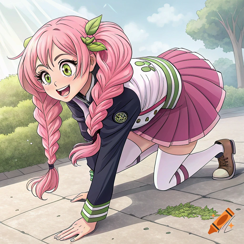 Anime girl with pink braided pigtails and a school uniform on hands and knees on a paved path.