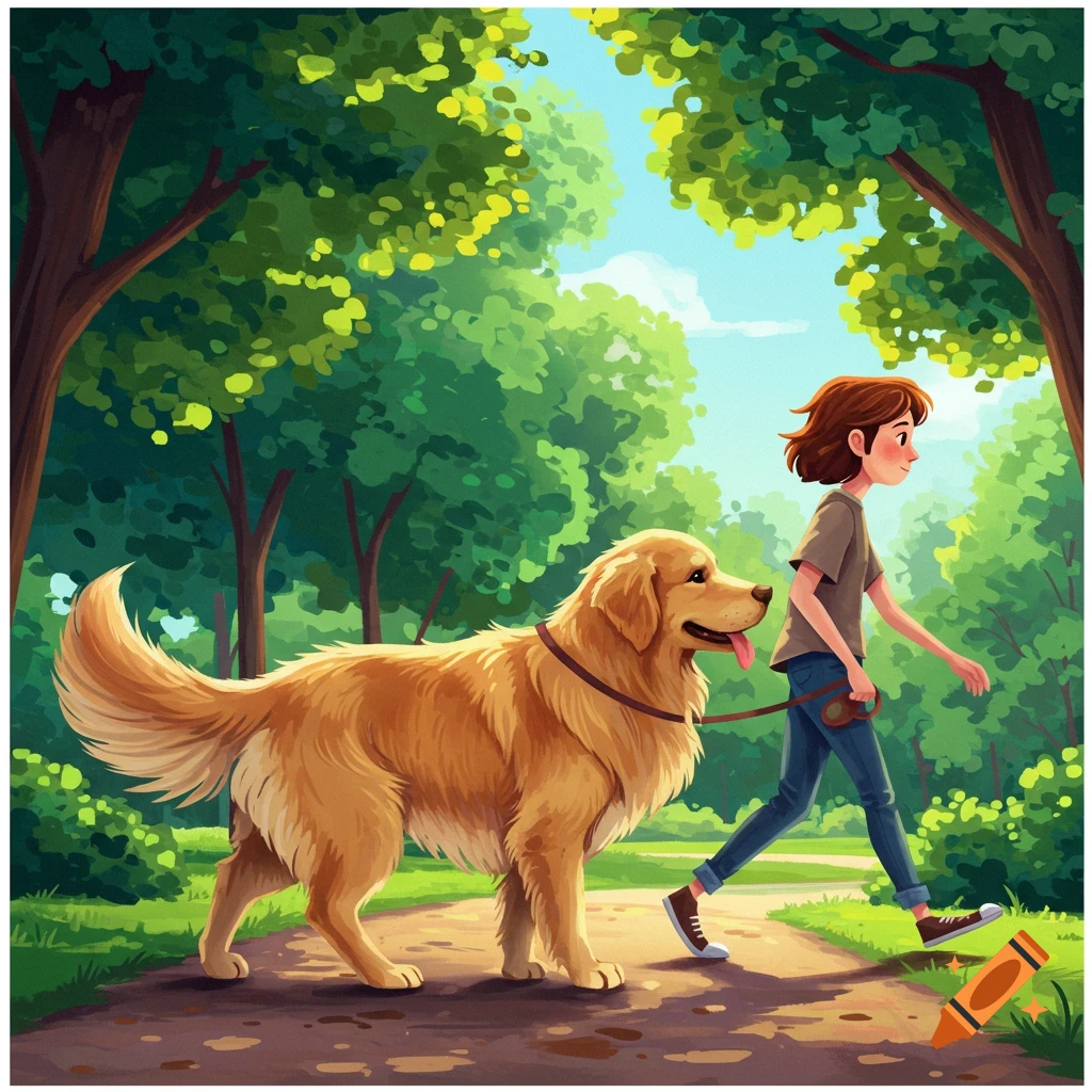 A golden retriever is walking a person in a park on a sunny day.