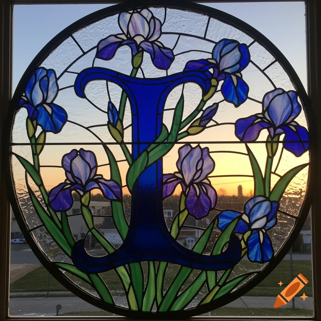 Circular stained glass window with a blue letter L, purple and blue irises, against a sunset.