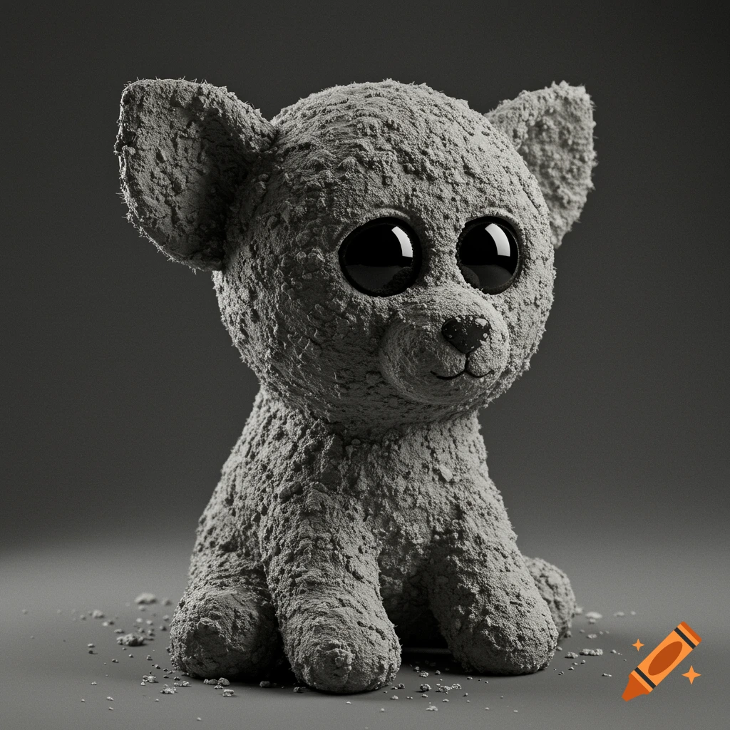 A photorealistic image of a gray Beanie Boo plush toy covered in rough cement.