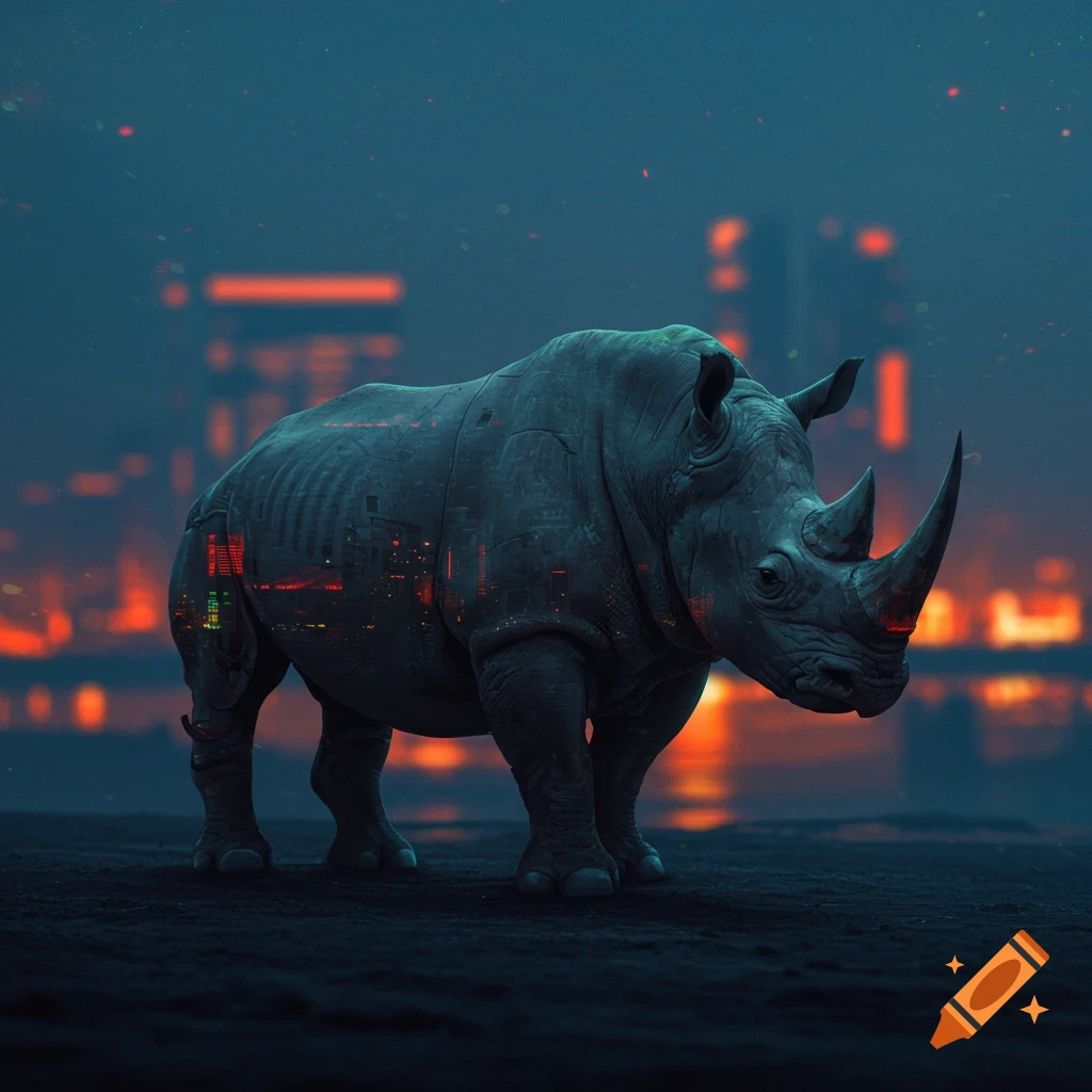 A rhinoceros stands against a blurry city skyline at night