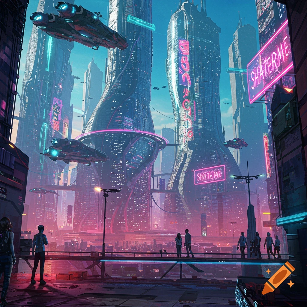 A futuristic cityscape featuring neon lights, soaring buildings, aerial transport, and individuals situated on a raised structure.