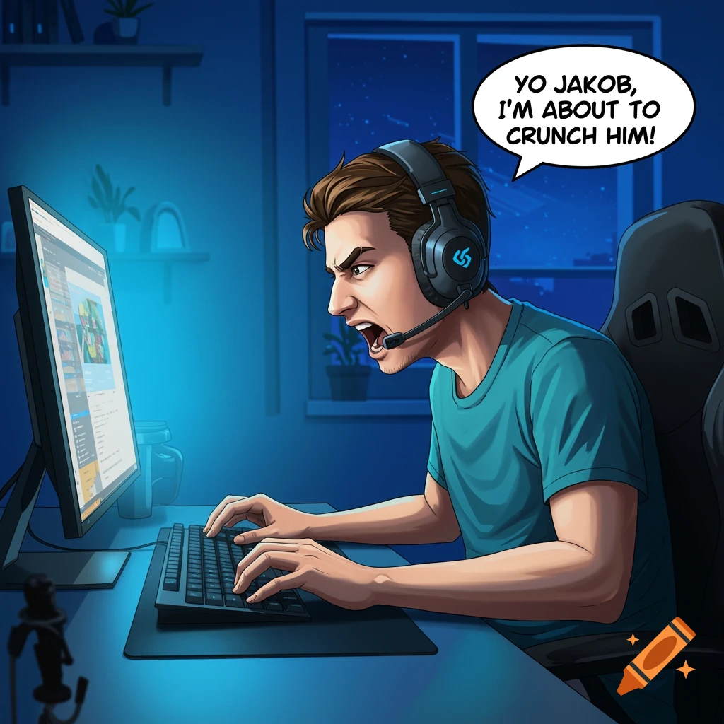Young man playing video game with headset and microphone, speech bubble says 'YO JAKOB, I'M ABOUT TO CRUNCH HIM!', comic book style.