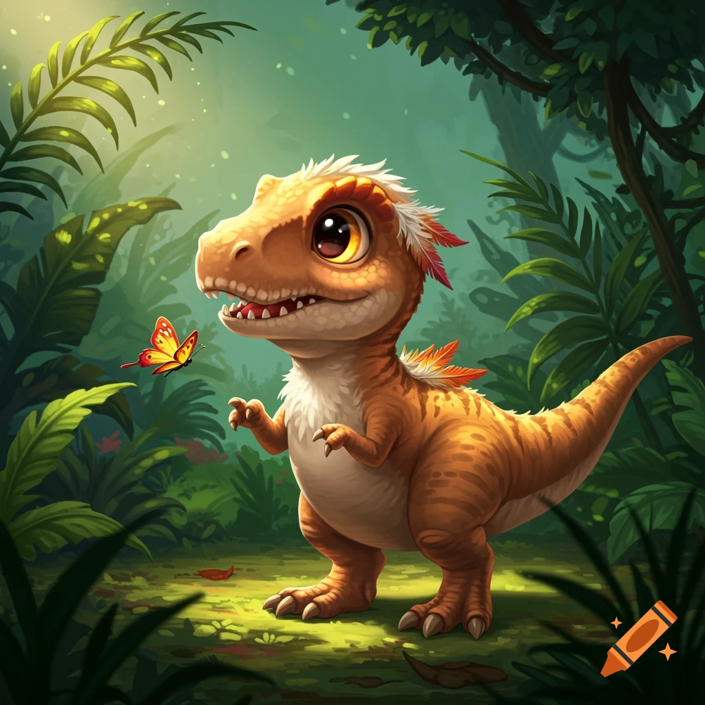 Cute baby T-Rex with feathers playing with a butterfly in a lush jungle illustration.