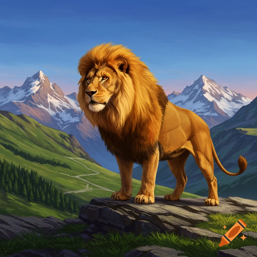 A lion standing on a rock overlooking a mountainous landscape.