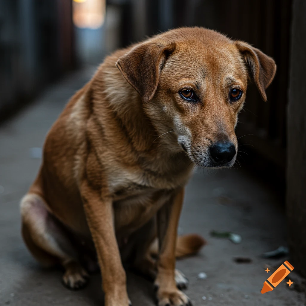 Photorealistic close-up of a sad brown dog sitting on the ground.