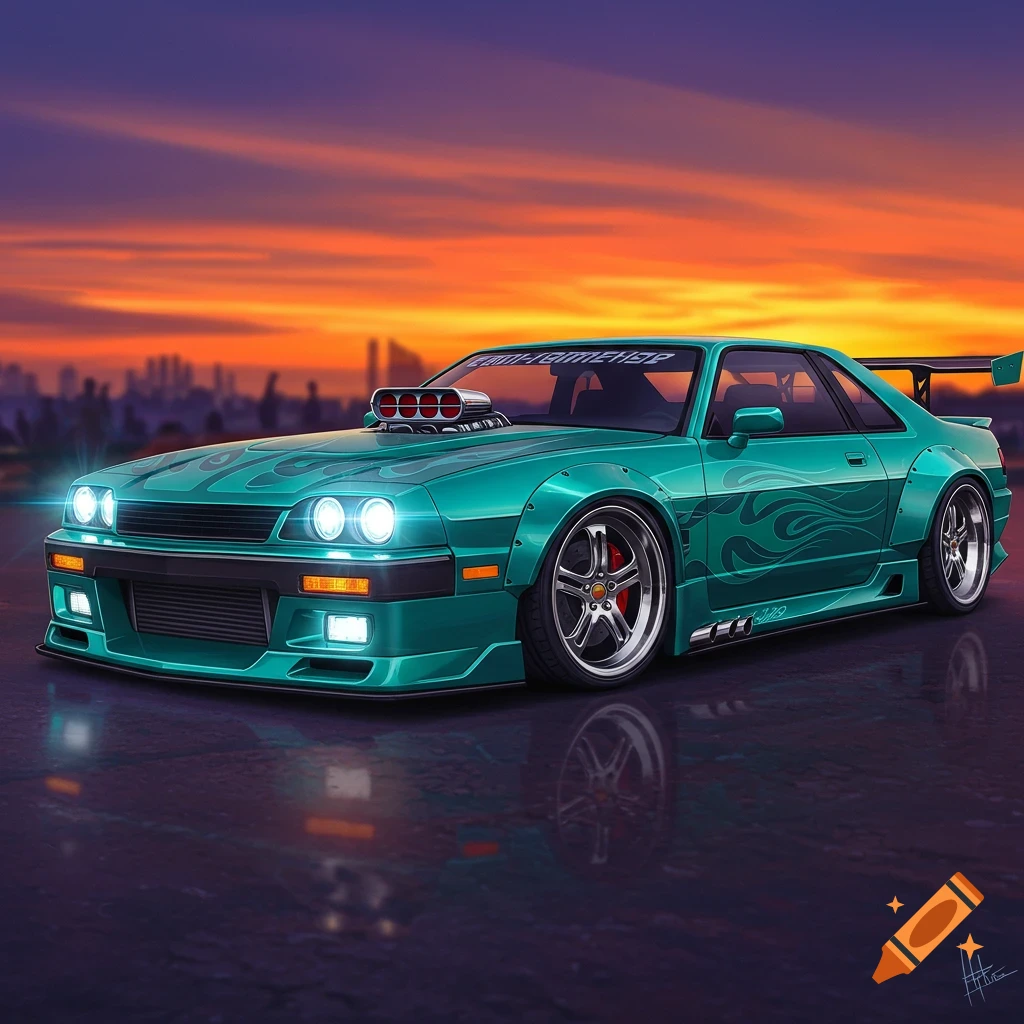 A custom teal car with a large engine intake, wide fenders, and a spoiler, silhouetted against a sunset city skyline.