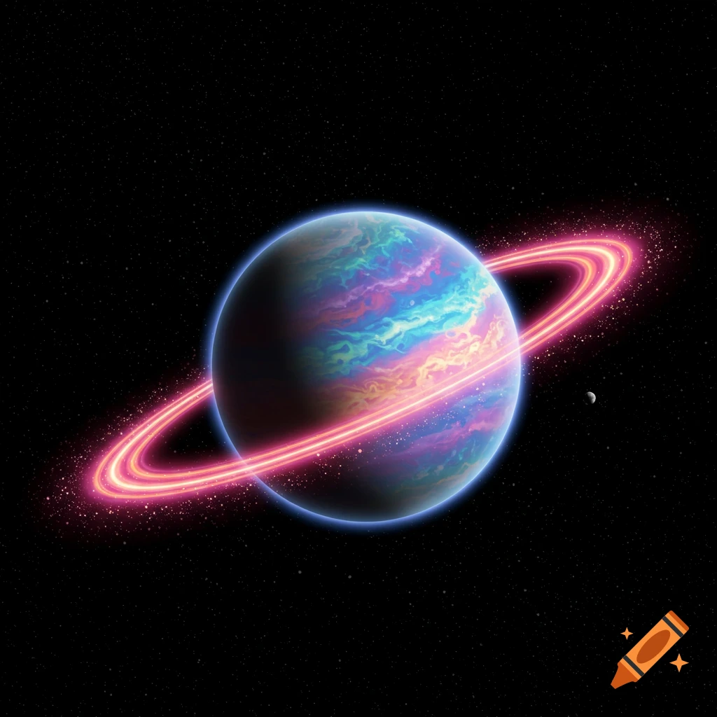 A vibrant exoplanet with bright glowing rings against a starfield.