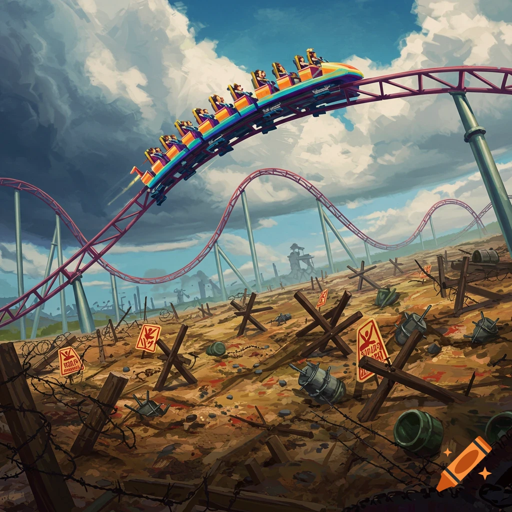 Rollercoaster with riders passing over a desolate landscape filled with mines and barbed wire.