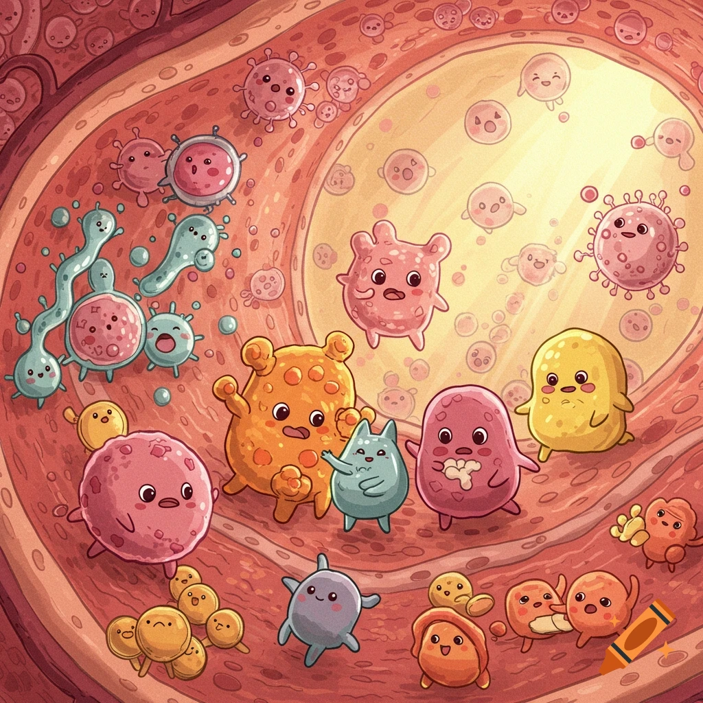 Cute cartoon cells inside a blood vessel, in a hand-drawn Ghibli style illustration.