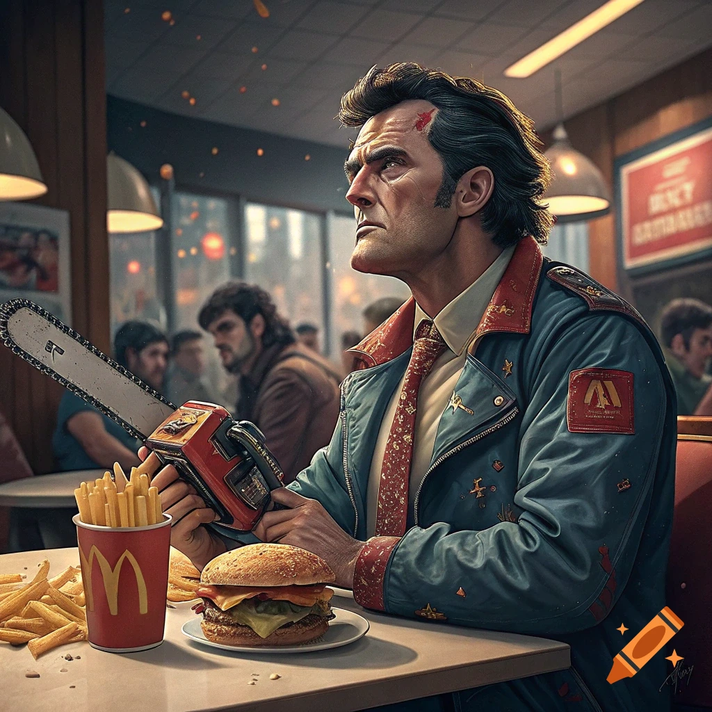 Stylized illustration of a man resembling Ash Williams holding a chainsaw while sitting at a table with a burger and fries in a fast-food restaurant.
