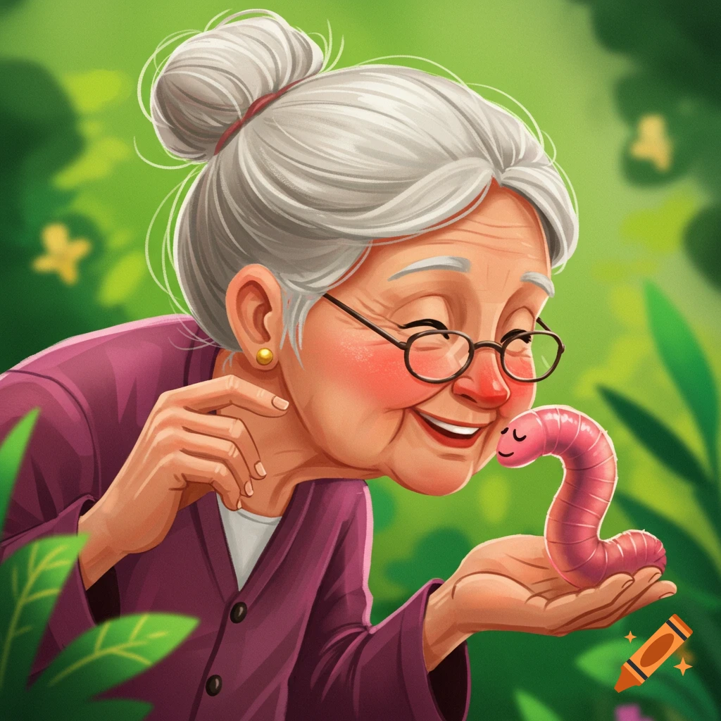 An elderly woman is holding a cute pink worm