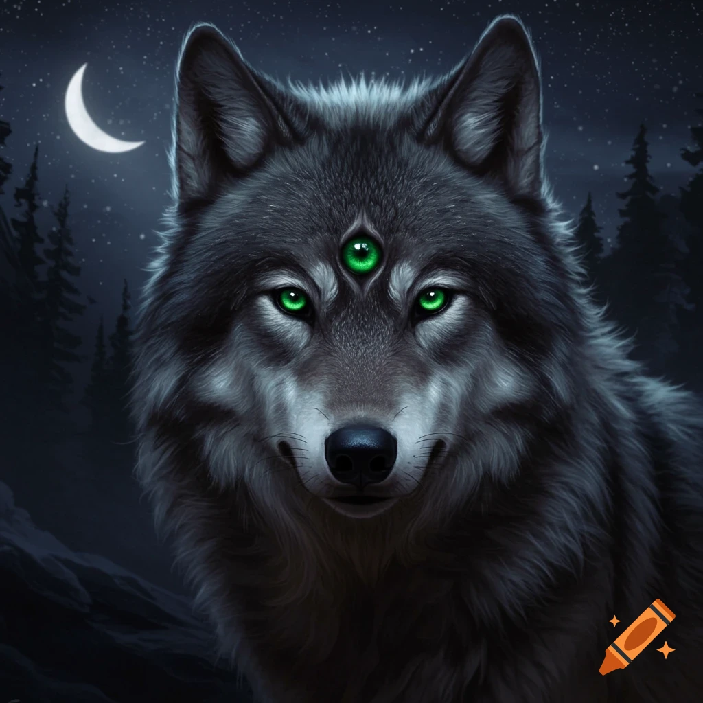 A wolf with three green eyes stares forward under a starry night sky with a crescent moon.