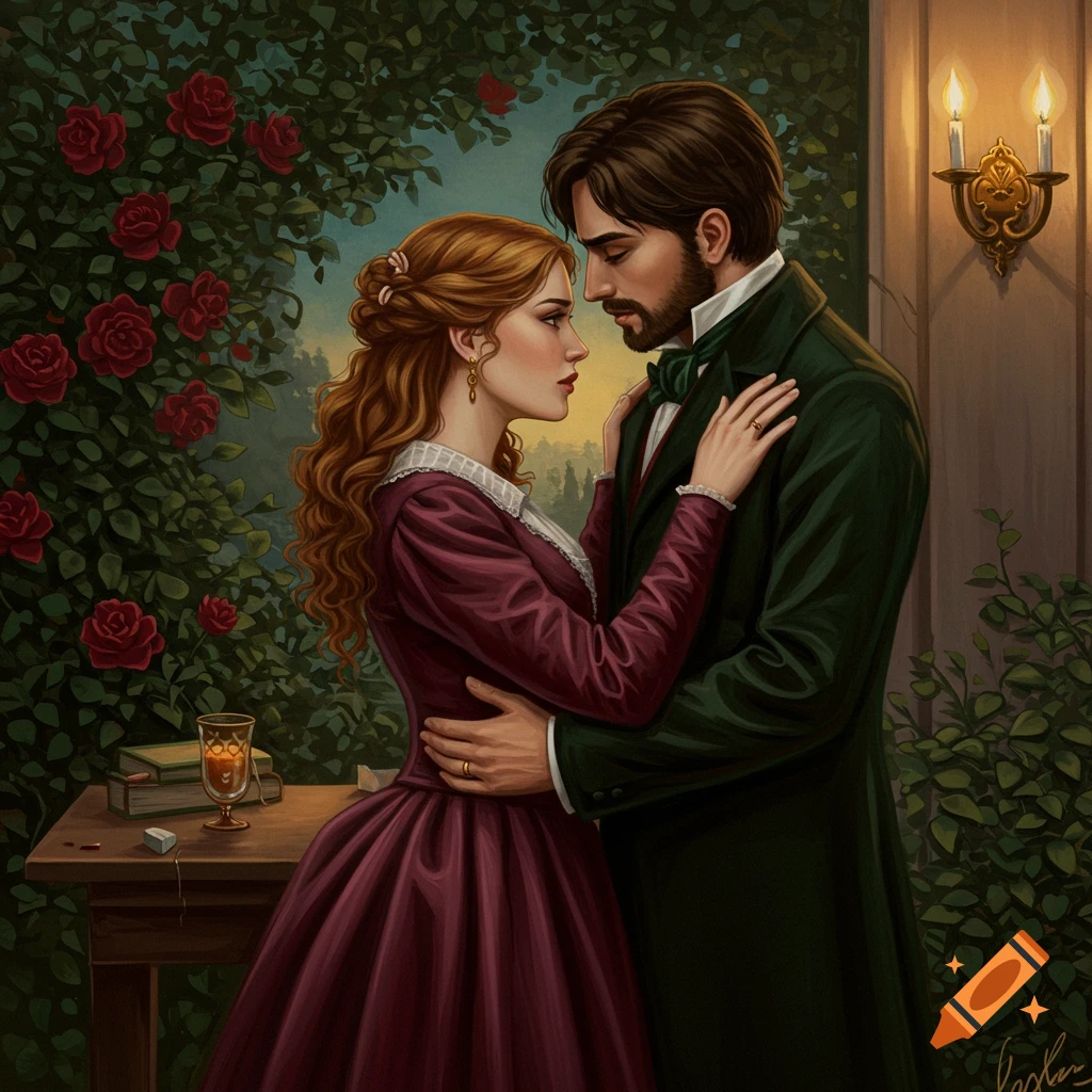 Victorian painting of a couple embracing in a garden at twilight.