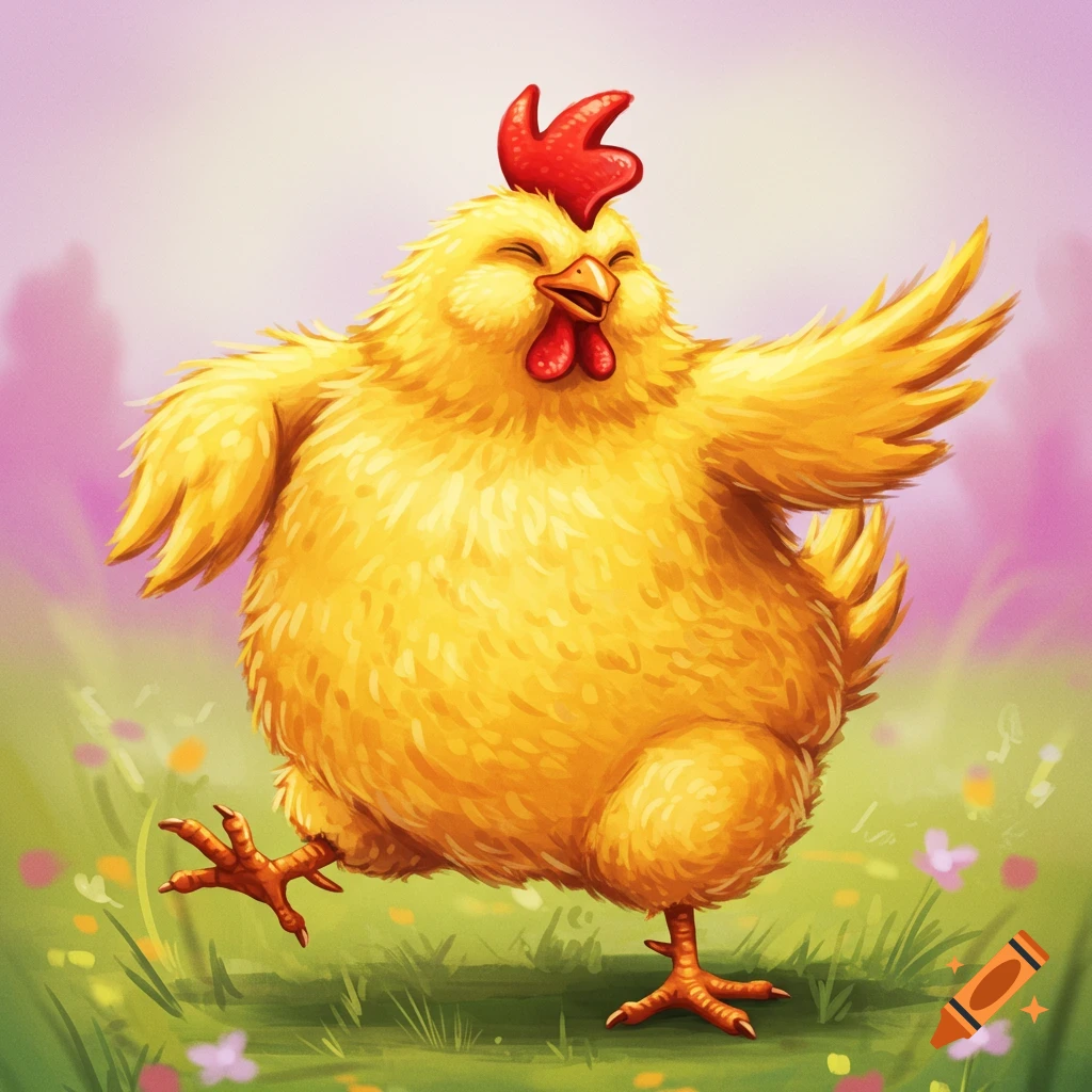 A cartoon chicken with a big smile does the chicken dance in a grassy field.