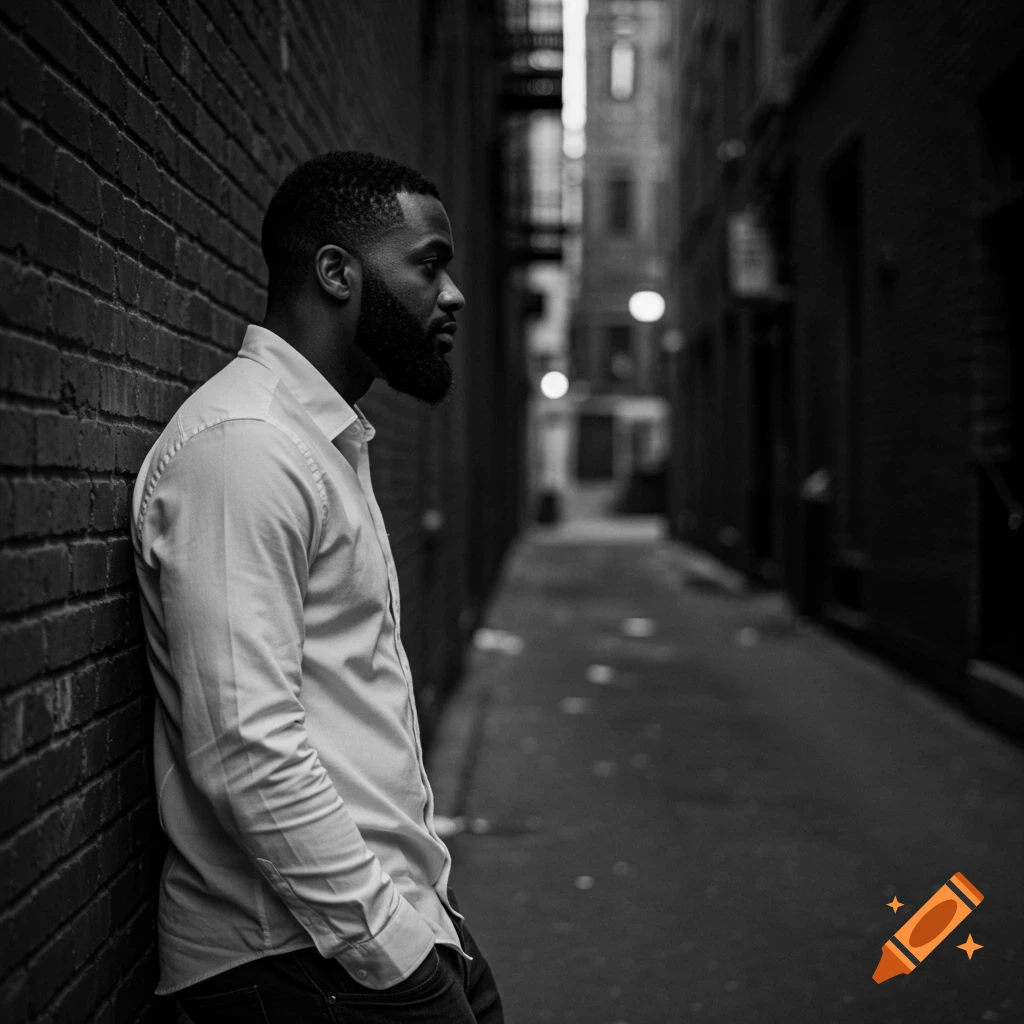 A Black man leans against a brick wall in a dark alley in a black and white photo.
