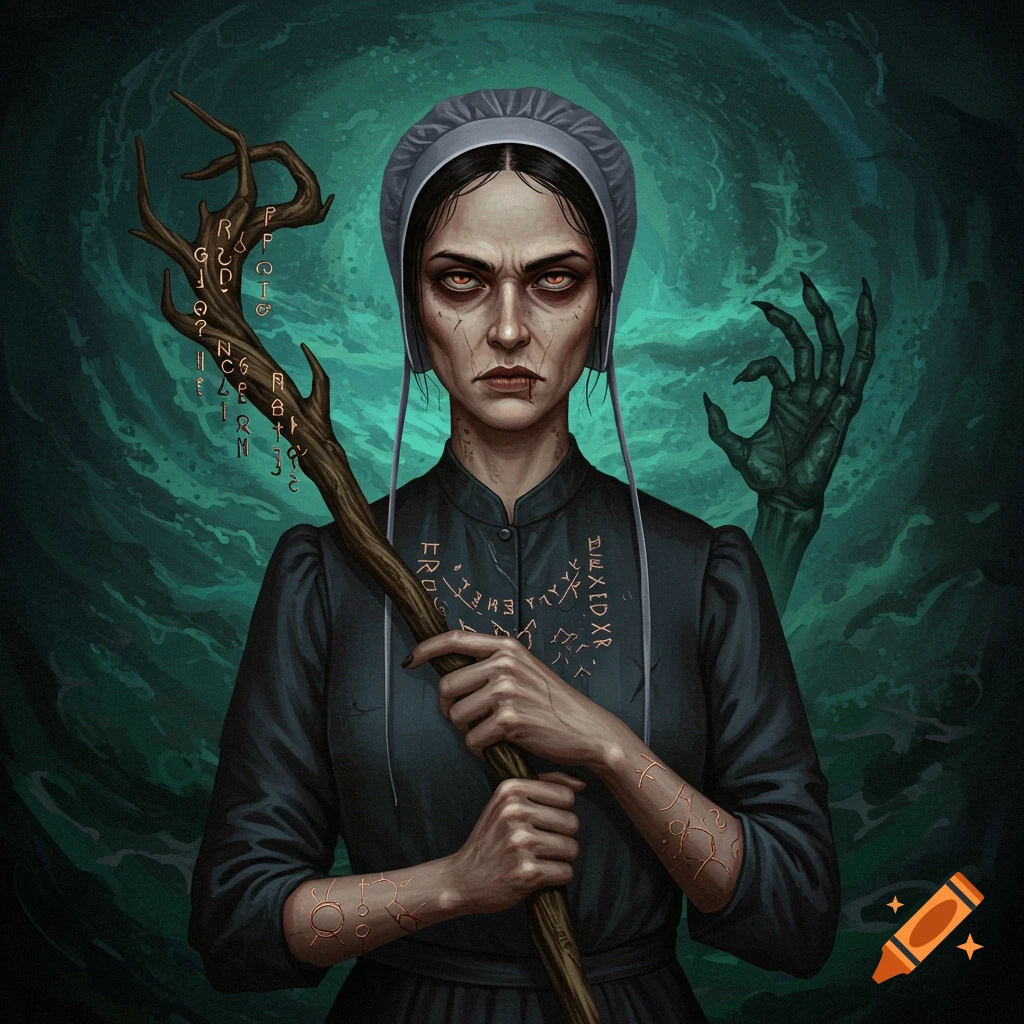 A witch with glowing eyes holding a staff, a dark hand behind her