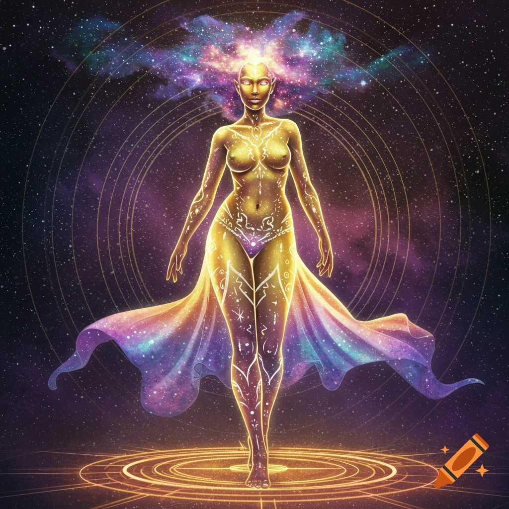 A glowing cosmic goddess figure is depicted in space, surrounded by stardust and nebula elements.