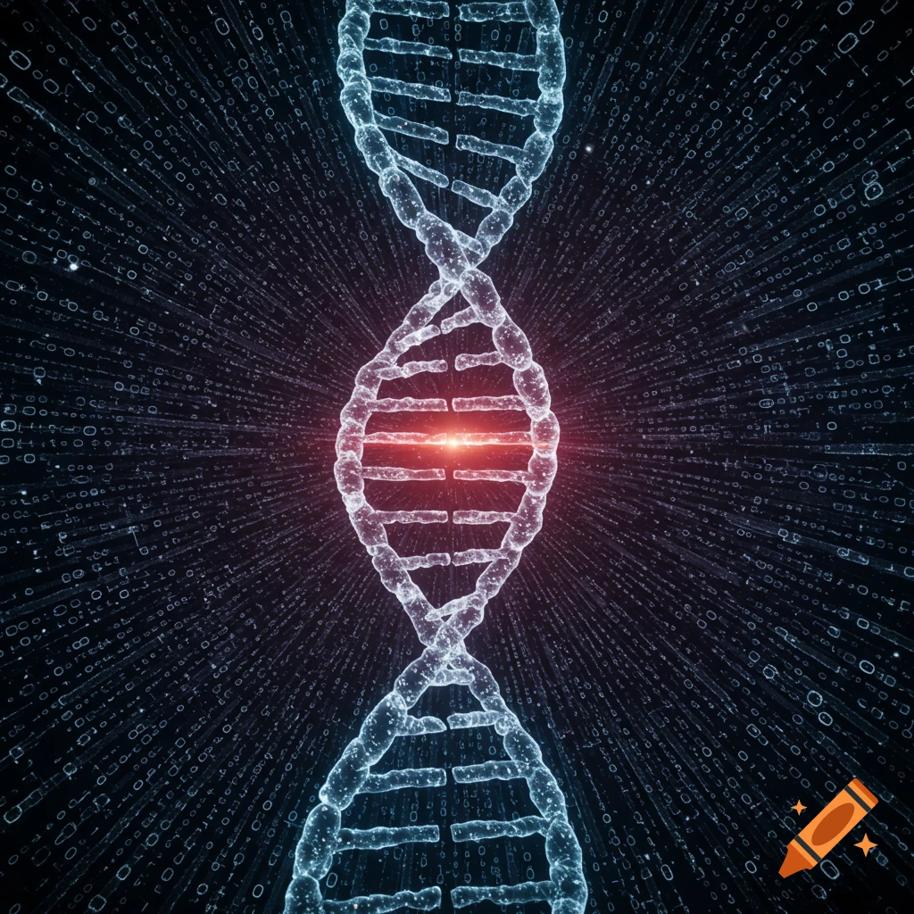Glowing DNA double helix twists through radiating binary code streams on a dark background.