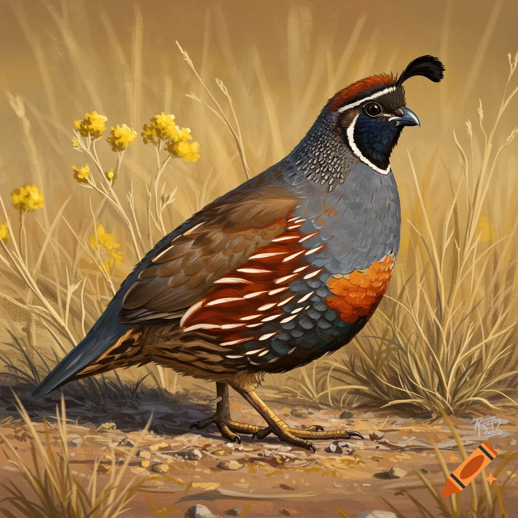 A California Quail stands in dry grass.