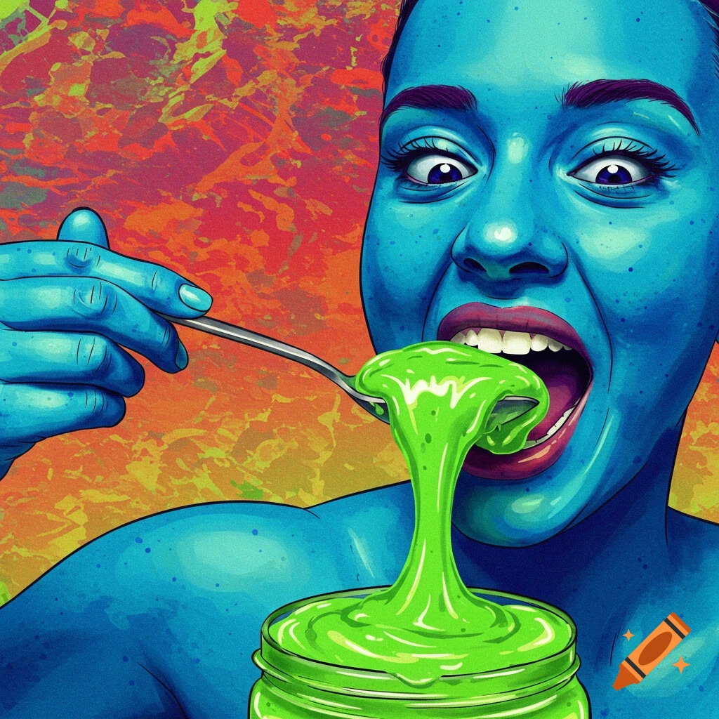 A blue-skinned person with wide eyes is eating bright green goo from a spoon and a jar.