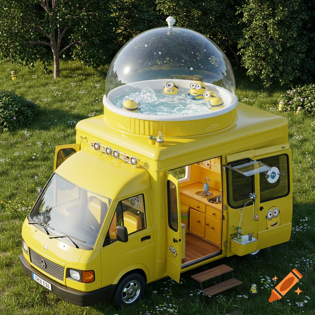 A yellow cartoon van with a bubble-domed hot tub on the roof, filled with Minions, parked in a grassy field.