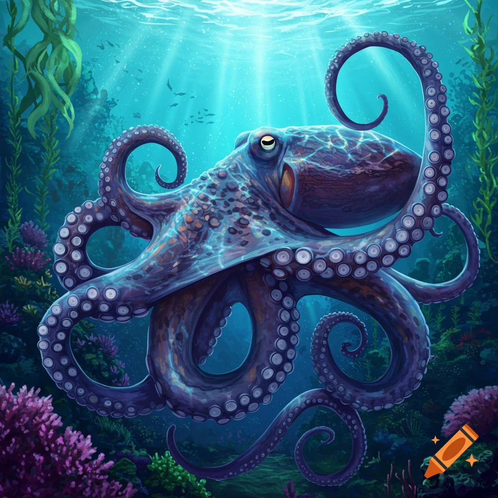 A purple octopus underwater.