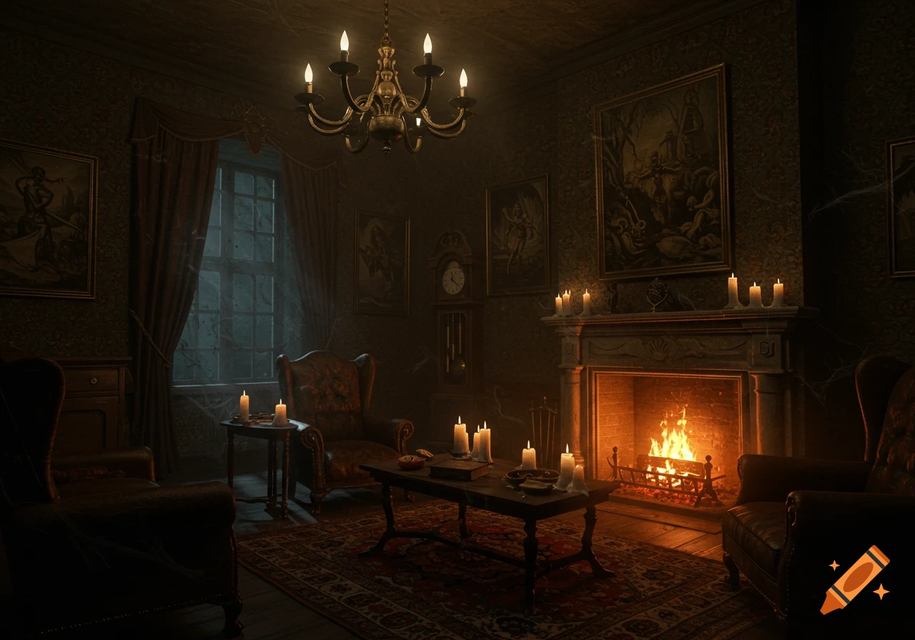 Spooky victorian living room at night with a fire in the fireplace, lit candles, chairs, and paintings on the wall.