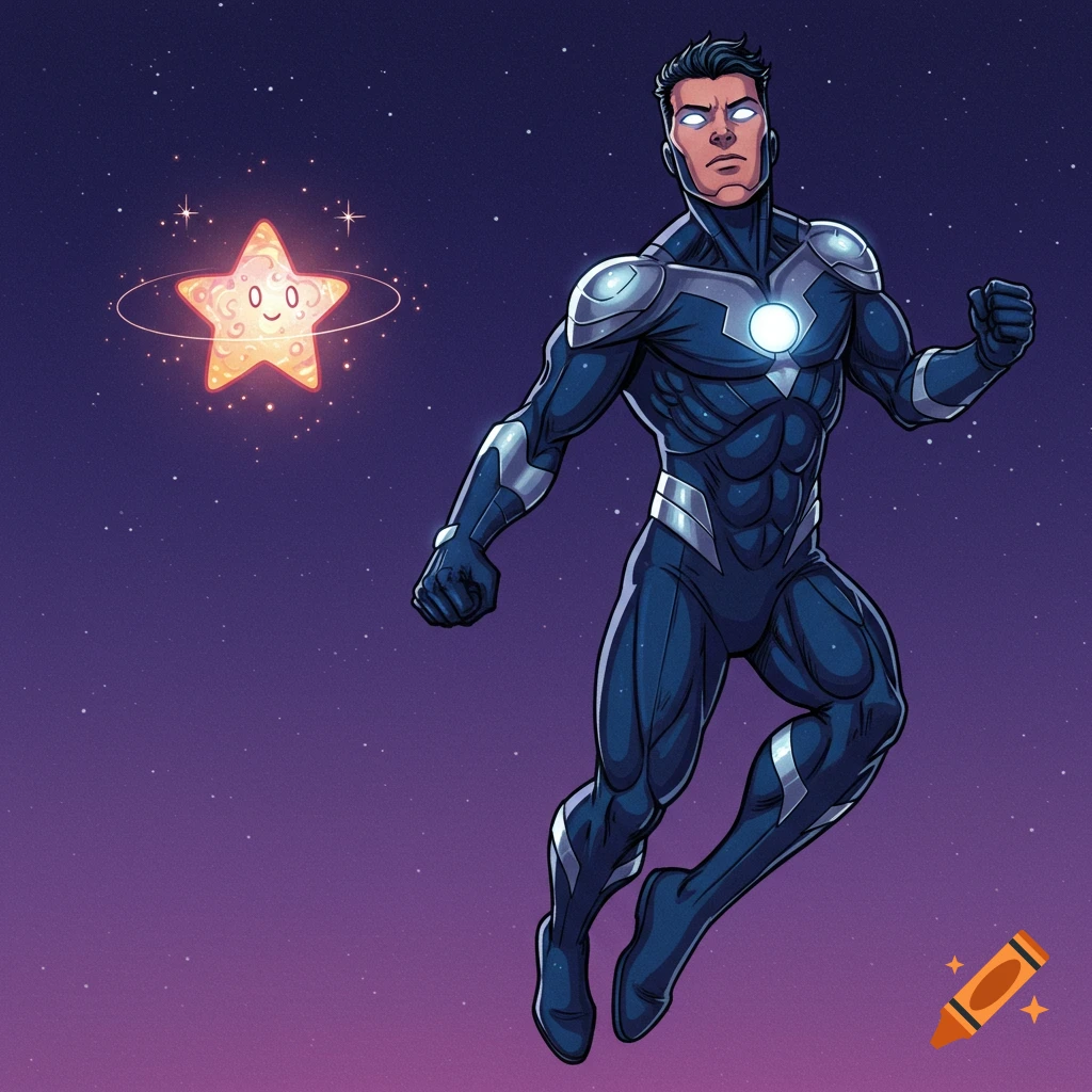 Superhero flying in space next to a smiling star, comic art style