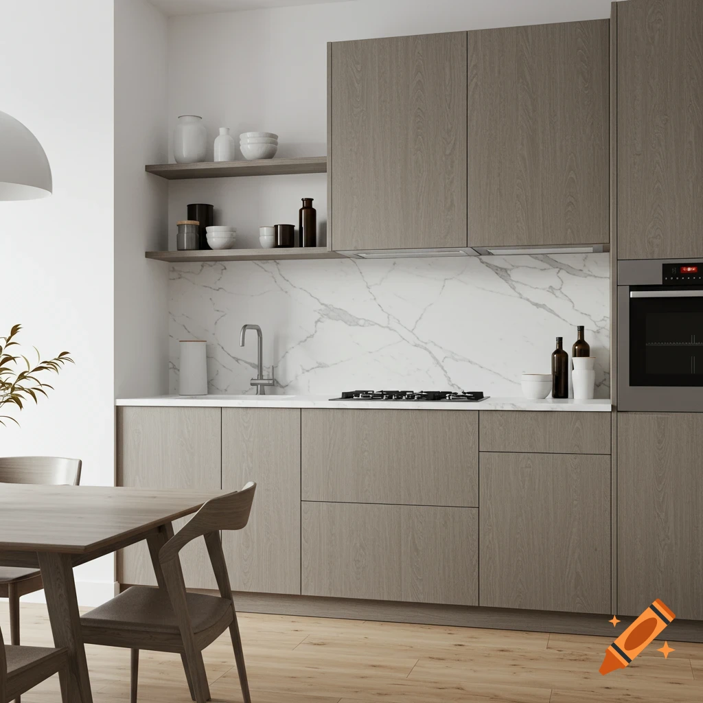 Modern Japandi kitchen interior with wood cabinets, white marble backsplash, and dining area.