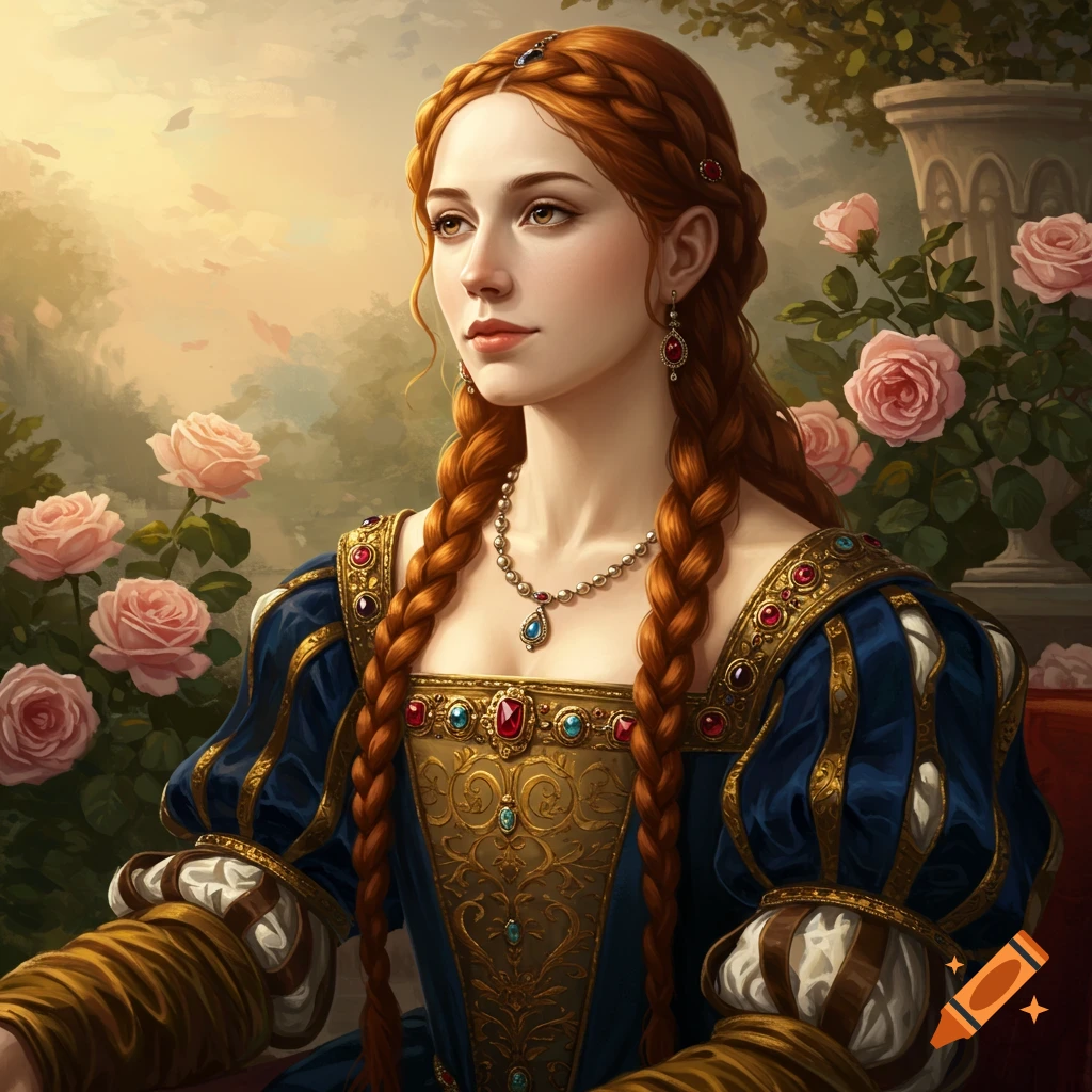 A woman in a renaissance-style dress and braids, sitting outdoors among roses.