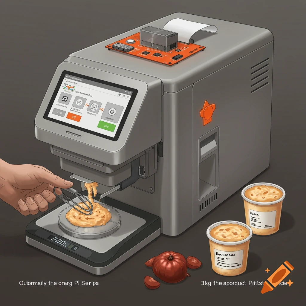 A hand mixes food on scales next to a smart kitchen appliance, containers, and a sliced tomato.