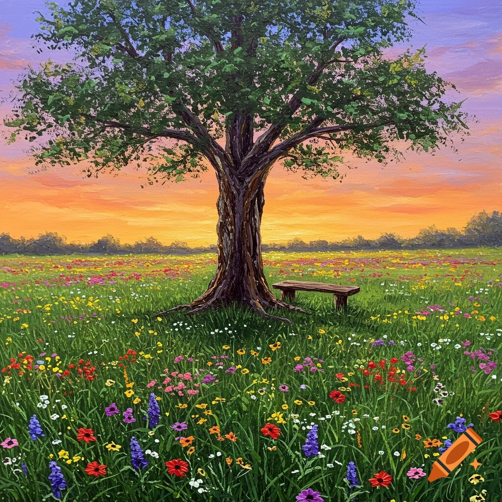 Painting of a meadow with a large tree and bench at sunset.