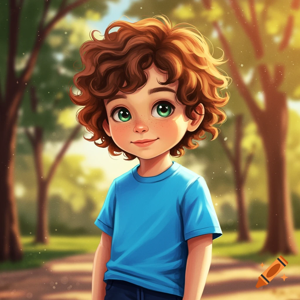 A young boy with curly brown hair and green eyes in a sunny park.