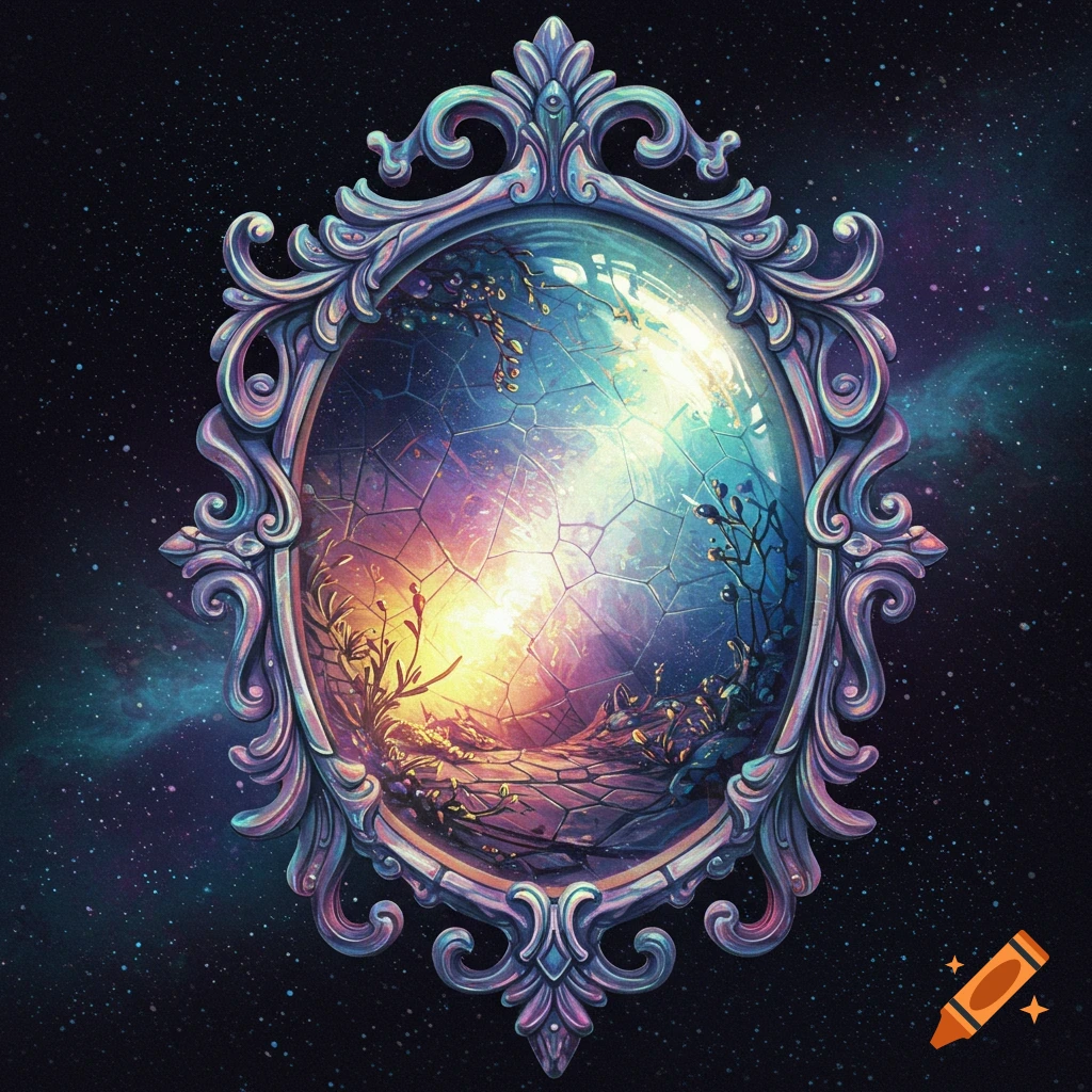 Ornate mirror reflecting a colorful cosmic landscape with plants and a path