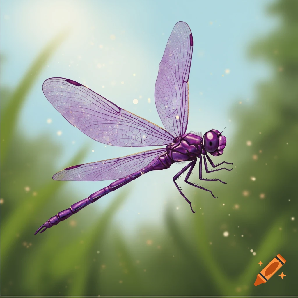 A purple dragonfly flying near green grass with sparkling lights.