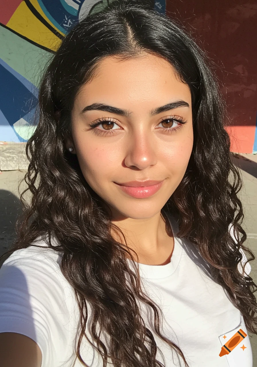 Selfie of a young woman with long wavy dark hair and brown eyes, smiling in front of a colorful mural, lit by sunlight.