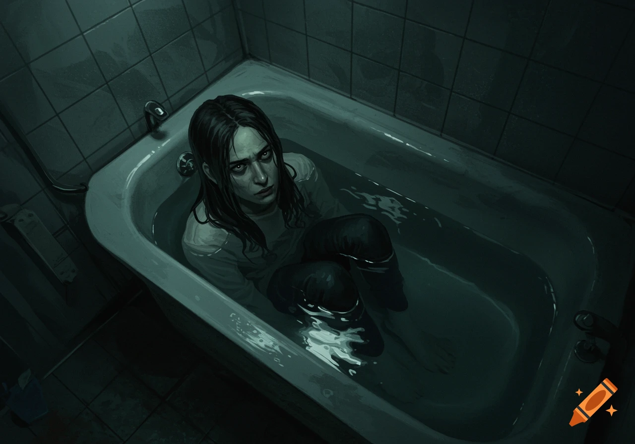 A person sits in a dark, eerie bathtub.