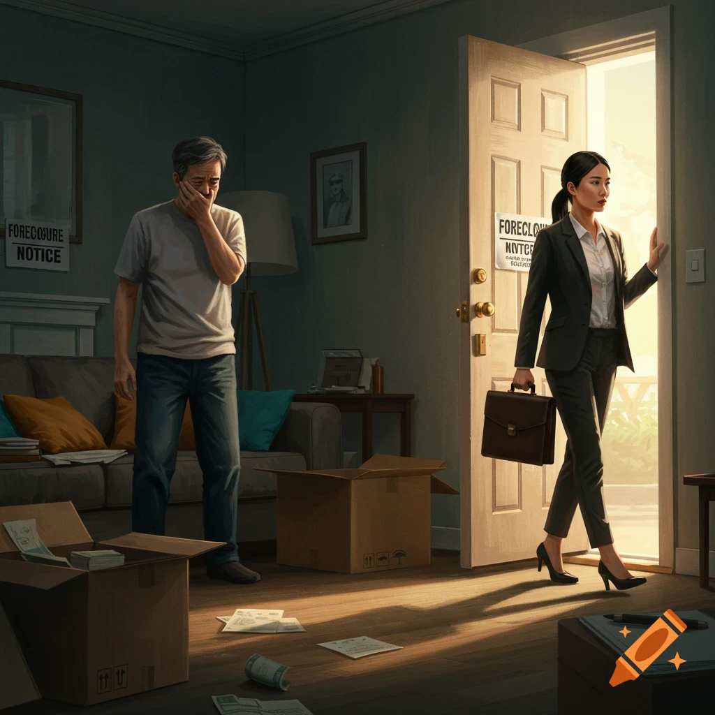 A distressed man in a messy room with a foreclosure notice is watched by a woman in a suit entering with a briefcase.